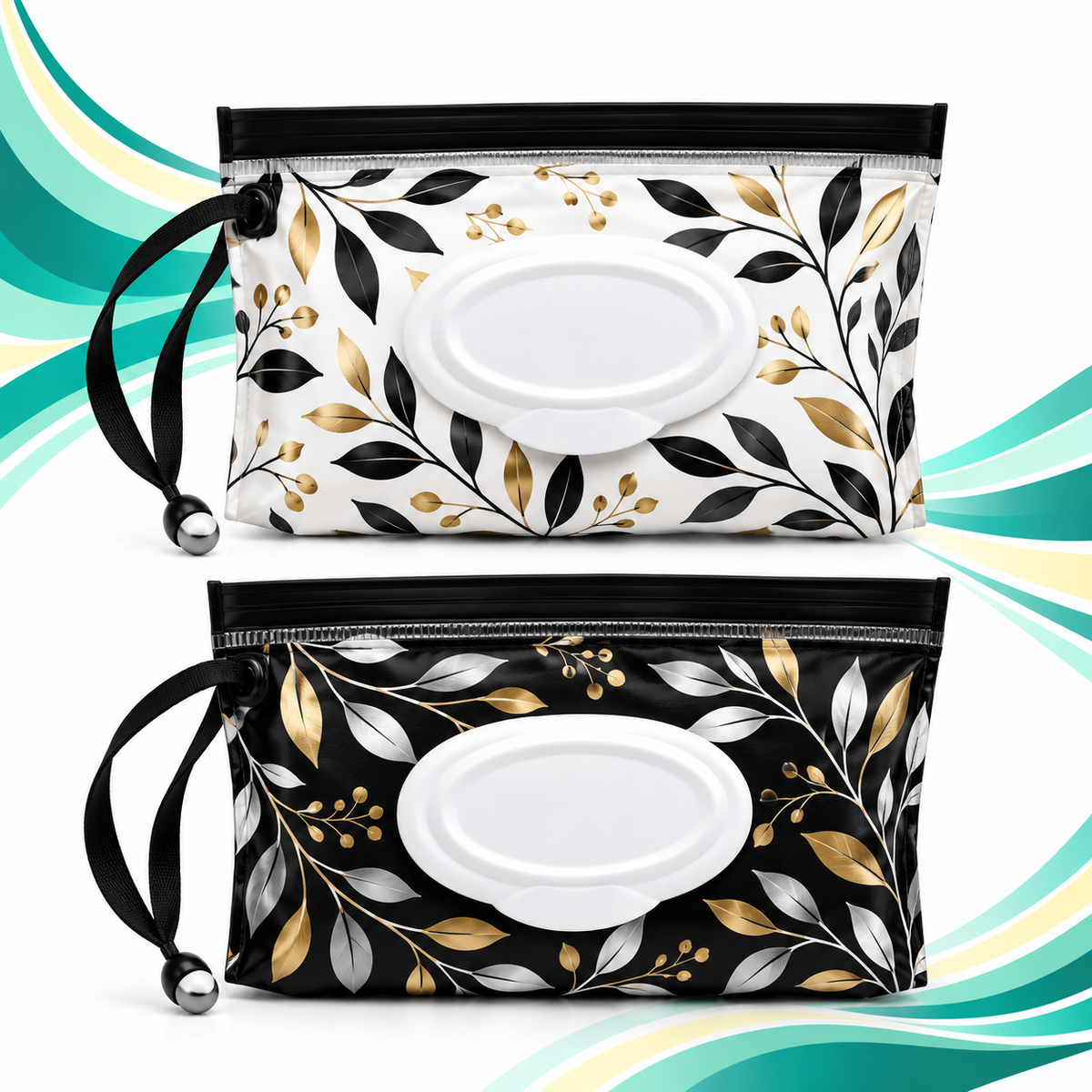 Reusable Wet Wipes Pouch with Flip-Top Lid & Wrist Strap – Portable Tissue Storage Bag, Black & White