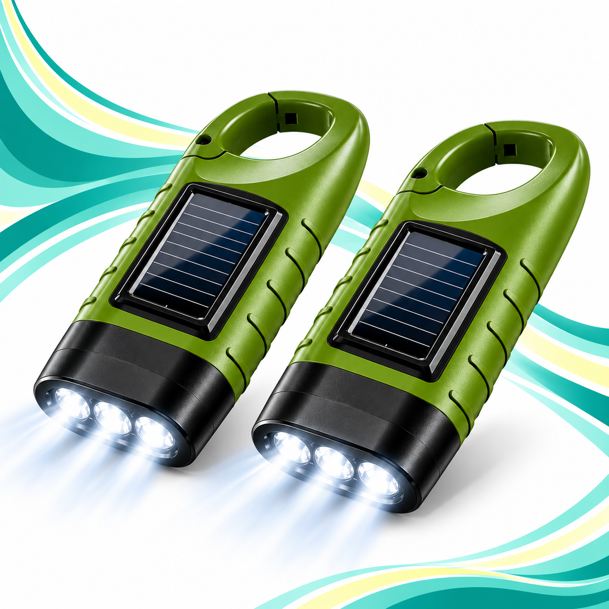 2 Pack Solar Powered LED Emergency Flashlights with Hand Crank, Built-In Battery & Portable Hook